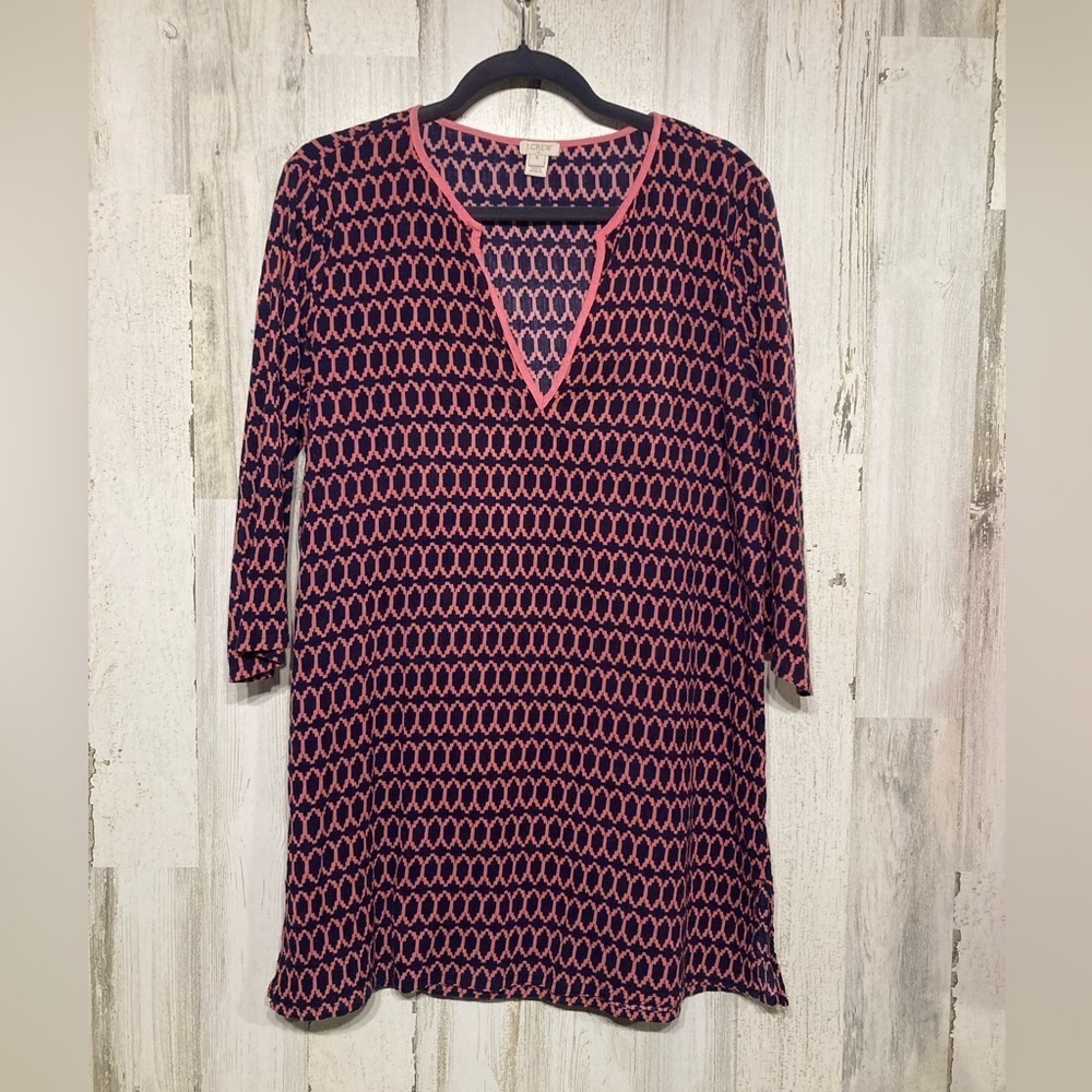 J. Crew Pink Blue V-Neckline 3/4 Sleeve Tunic Blouse Medium